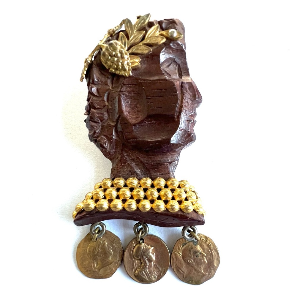 Julius Caesar 1940’s Rare Hand Carved Wood & Gilt Brass Brooch